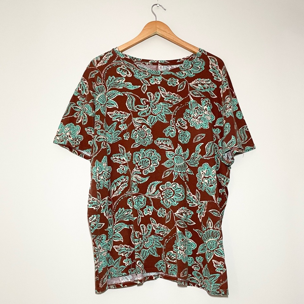 Free People Brown Tee with Mint Floral Print